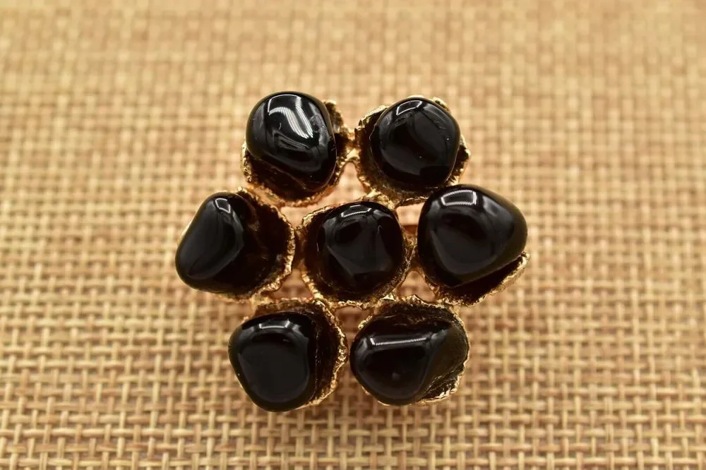 Vintage Cabochon Pin Brooch Black Black Gold Tone Chunky Floral 1990s BinB